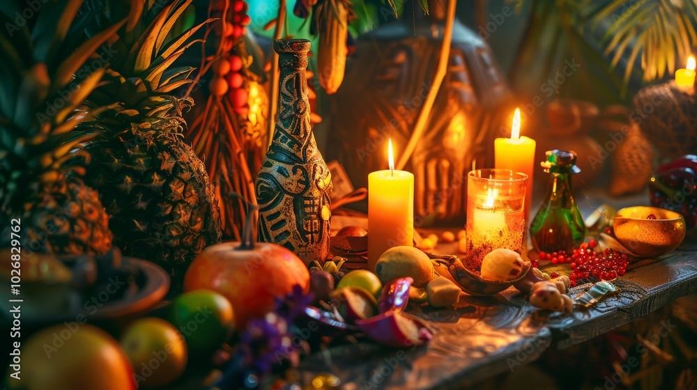 Naklejka premium A voodoo altar with offerings of fruits, rum, and candles placed before it