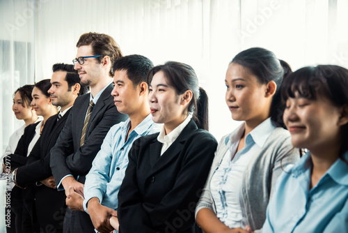 Modern diversity and multicultural company, business people joining hand together and standing in line, shared commitment to collaboration and cooperation concept background. Meticulous