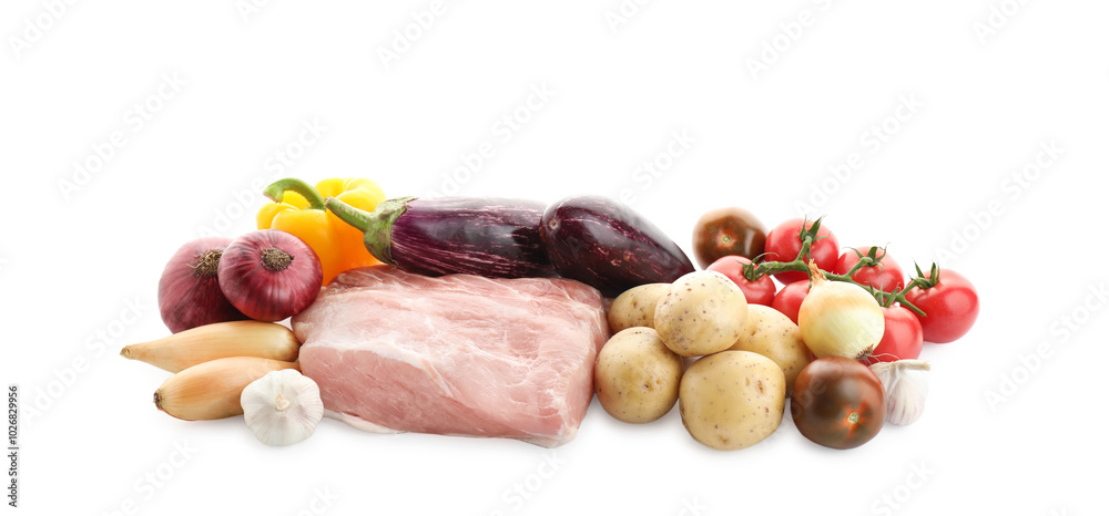 Different ingredients for stew isolated on white Different ingredients for stew isolated on white