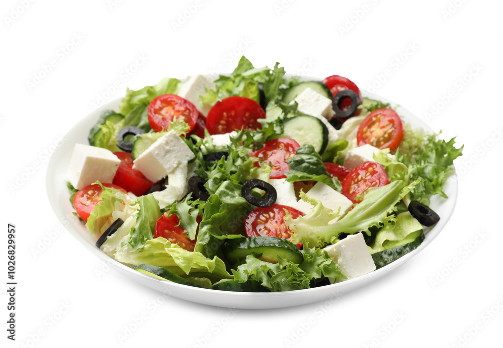 Delicious salad with feta cheese isolated on white