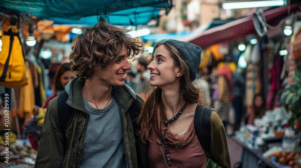 Obraz premium A young couple exploring a vibrant, bustling marketplace in a foreign city, capturing the essence of wanderlust