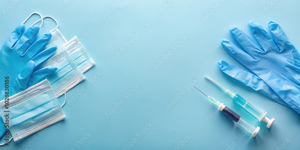 A composition of medical supplies including blue surgical gloves, medical masks, and syringes on a light blue background. A composition of medical supplies including blue surgical gloves, medical masks, and syringes on a light blue background.