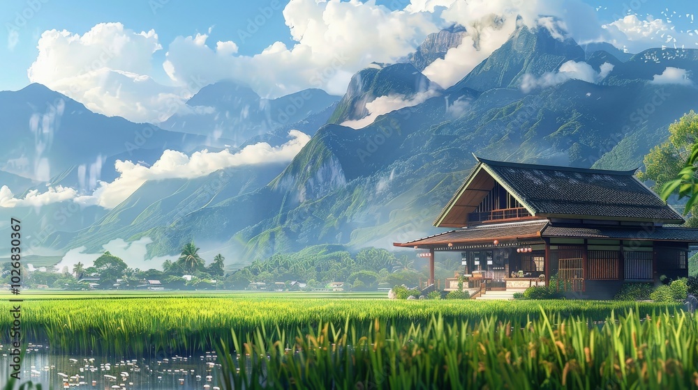 Aerial view of a picturesque coffee shop located in the heart of expansive rice fields Aerial view of a picturesque coffee shop located in the heart of expansive rice fields