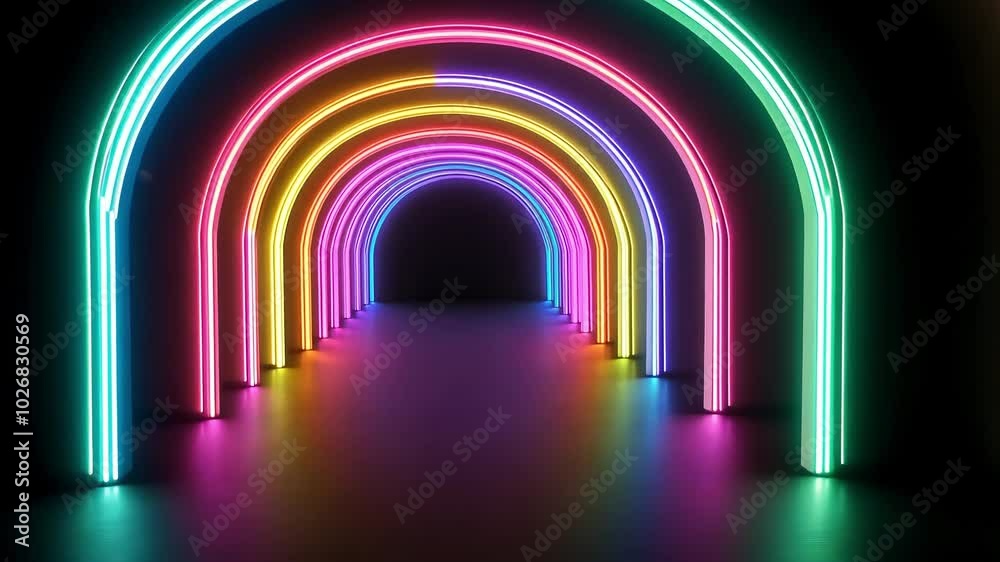 Colorful neon light arches create a futuristic tunnel, glowing with vibrant hues. Colorful neon light arches create a futuristic tunnel, glowing with vibrant hues.