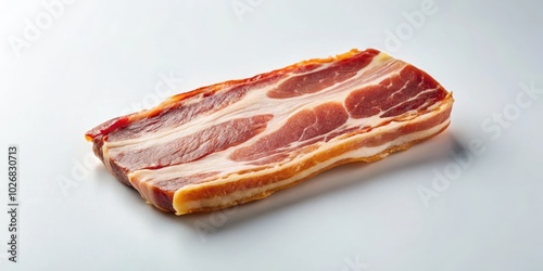 A single, raw, unsliced strip of bacon resting on a clean white surface, showcasing its marbling and potential for delicious culinary applications. photo