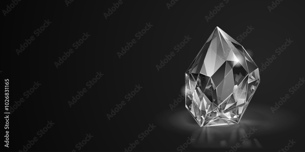 Single, large, clear crystal diamond with multiple reflective facets, set against a dark background. Single, large, clear crystal diamond with multiple reflective facets, set against a dark background.