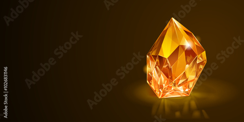 Single, shiny, golden-yellow crystal with facets that catch and refract the light, set against a dark background.