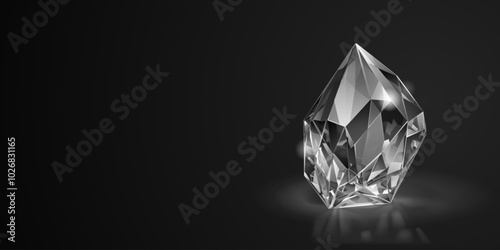 Single, large, clear crystal diamond with multiple reflective facets, set against a dark background.