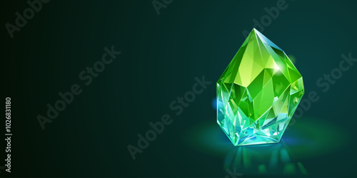 Vibrant, faceted gemstone with a luminous green hue set against a dark background, highlighting its sparkling surface and intricate cuts.