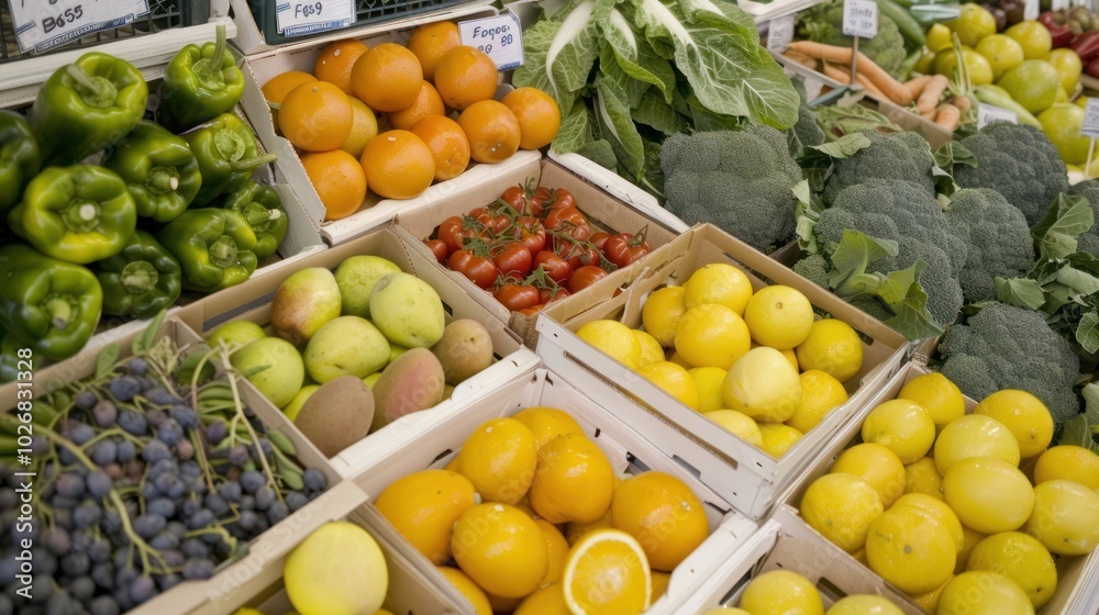 A Variety of Fresh Produce in Wooden Crates at a Market A Variety of Fresh Produce in Wooden Crates at a Market
