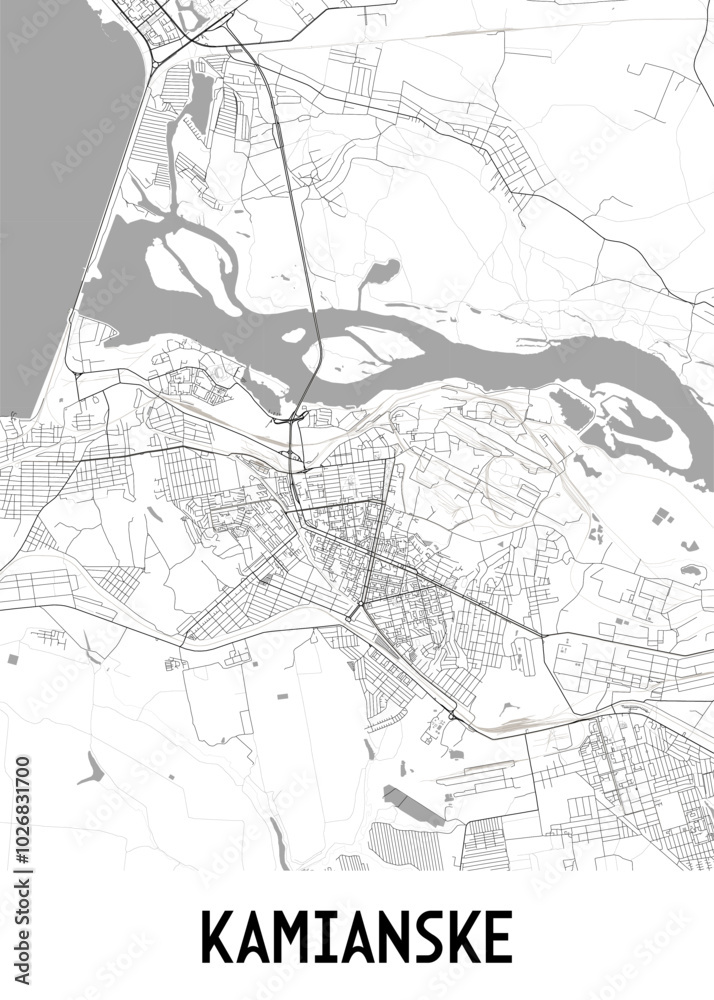 Fototapeta premium A detailed black and white map of Kamiankse, a city in Ukraine. The map showcases the city's street network, major roads, and surrounding bodies of water.