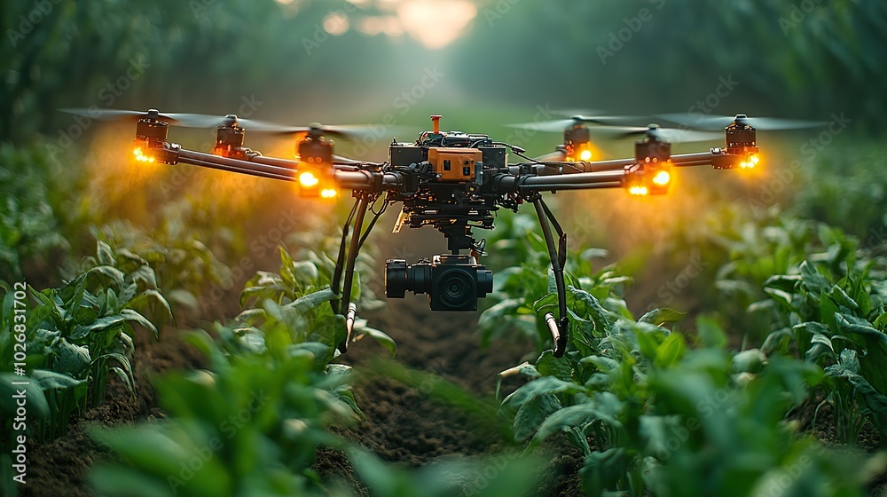 A drone sprayer operates over agricultural fields, demonstrating smart farming and precision agriculture techniques. A drone sprayer operates over agricultural fields, demonstrating smart farming and precision agriculture techniques.
