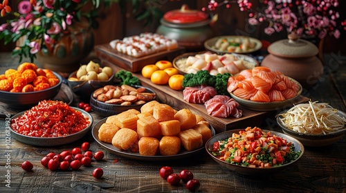 A table with a variety of traditional Lunar New Year foods.