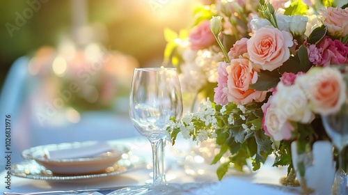 Elegant floral arrangement at a sunlit wedding table