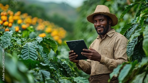 A farmer uses a digital tablet in a coffee plantation, highlighting the application of technology in agricultural activities.