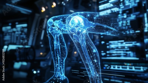 A sci-fi inspired knee joint hologram, displaying bone and cartilage damage, with neon electric blue highlights, set in a high-tech lab, Futuristic, Neon, Holographic, Medical technology photo