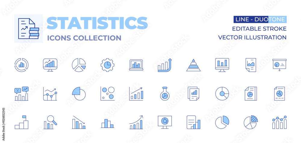 Statistics icons collection. Line Duotone style, editable stroke. statistics, diagram, market research, pie chart, graphic, heat, loss, goal, line chart, line graph, report Statistics icons collection. Line Duotone style, editable stroke. statistics, diagram, market research, pie chart, graphic, heat, loss, goal, line chart, line graph, report