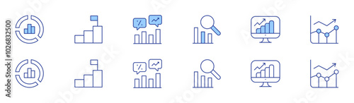 Statistics icon set in two styles, Duotone and Thin Line style. Editable stroke. statistics, donut chart, goal, graph, line chart, line graph