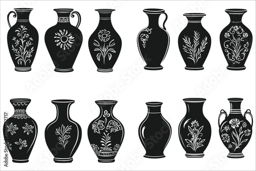 Set of vase silhouettes in vector. Creative vase silhouettes design. Vector silhouettes of vase design. Decorative vase silhouettes design vector. Various vases icons vector illustrations