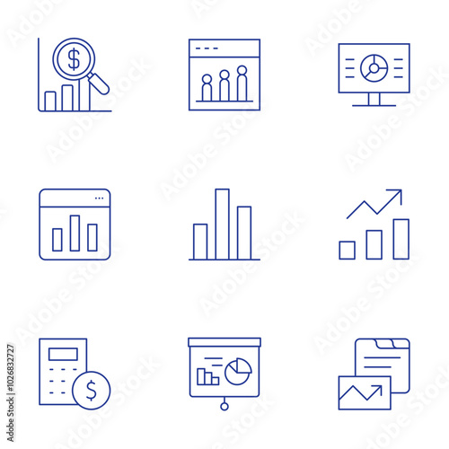 Statistics icons set. Thin Line style, editable stroke. analytics, bar chart, calculator, chart