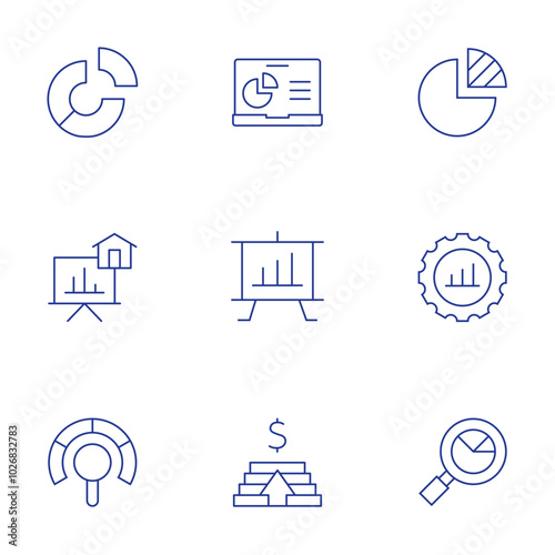 Statistics icons set. Thin Line style, editable stroke. pie chart, presentation, program, salary, search, research