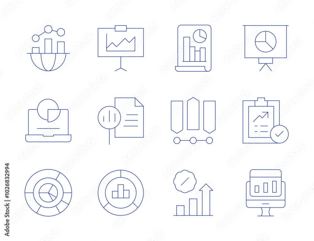 Statistics icons. Thin Line style, editable stroke. pie chart, timeline, presentation, report, reporting, statistics, economy, file Statistics icons. Thin Line style, editable stroke. pie chart, timeline, presentation, report, reporting, statistics, economy, file