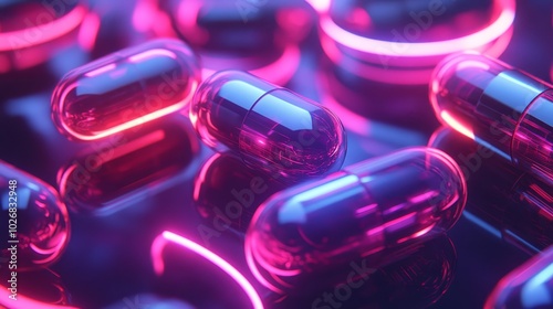 Advanced biotech capsules, metallic and smooth, floating in a zero-gravity environment, surrounded by glowing neon rings, creating a surreal futuristic vibe