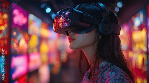 A female uses a VR headset, immersed in a digital environment that blends futuristic technology with interactive experiences.