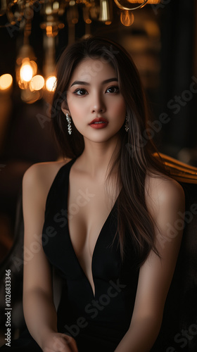 Thai woman wearing luxury black diamond earrings, dark brown long straight hair, minimalist.