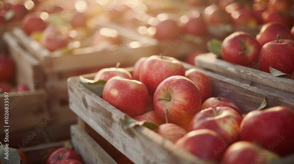 Freshly Harvested Red Apples in Wooden Crates at Farm Freshly Harvested Red Apples in Wooden Crates at Farm
