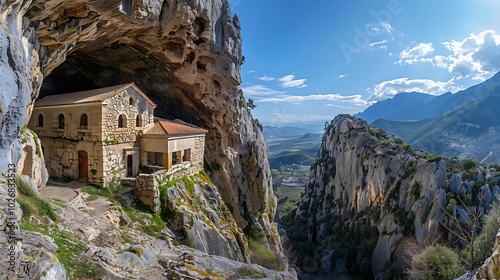 The panorama view of The Monastery of Mega Spilaio photo