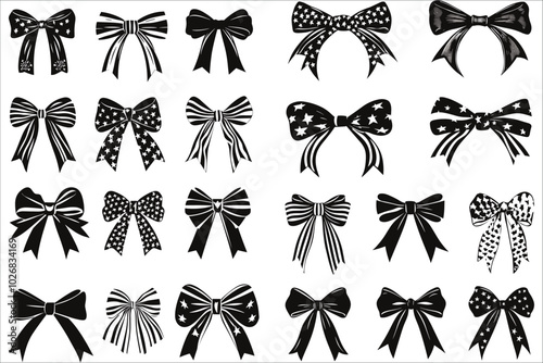Set of patriotic bow vector illustrations. Vector American flag bow silhouettes collection. Vector design of patriotic bow silhouettes. Set of patriotic bow silhouettes. Stylish patriotic bow designs