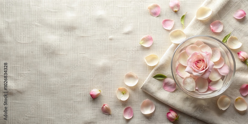 A delicate pink rose floating in a glass bowl with scattered petals on a textured beige background. A delicate pink rose floating in a glass bowl with scattered petals on a textured beige background.