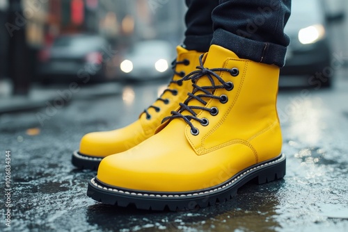 Unrecognizable man standing in the city center. Panoramic image close up of yellow winter boots - generative ai