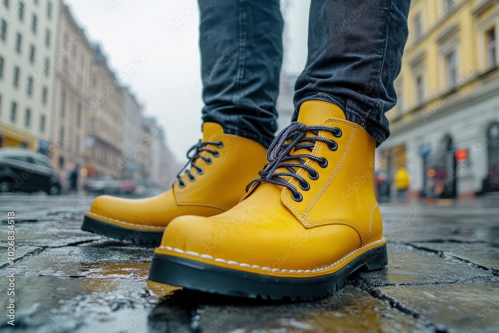 Unrecognizable man standing in the city center. Panoramic image close up of yellow winter boots - generative ai Unrecognizable man standing in the city center. Panoramic image close up of yellow winter boots - generative ai