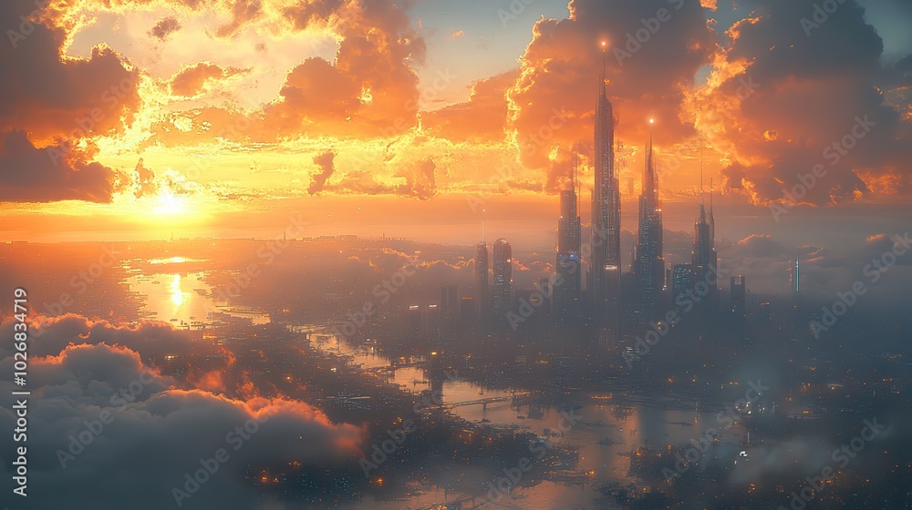 Obraz premium A futuristic cityscape features AI technology and robotics, illustrating modern city planning and the innovative development of urban structures.