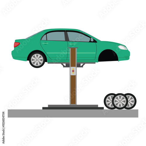 Vector illustration of car repair in cartoon flat style. Auto mechanic service of tire maintenance, car repair set of vector illustration. Vehicales tires repair station.