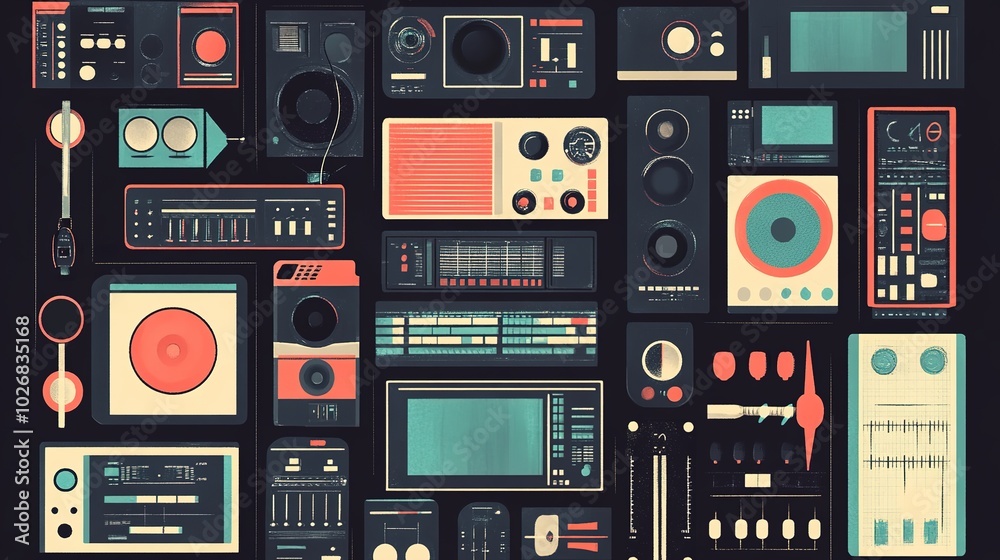 Obraz premium Iconography of a university radio station, featuring elements such as microphones, headphones, radio waves, and academic symbols. A design that blends education, communication, and media, 