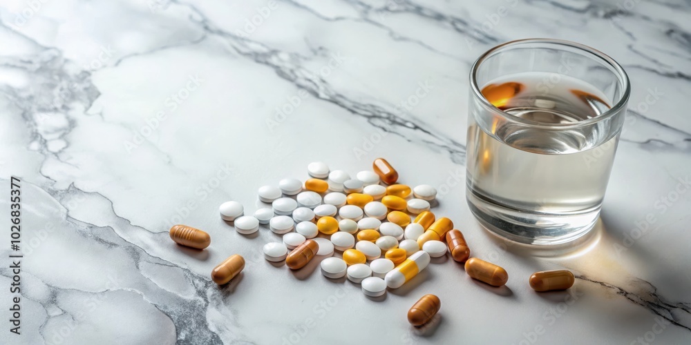 A glass of water sits beside a variety of colorful pills and capsules on a white marble surface A glass of water sits beside a variety of colorful pills and capsules on a white marble surface
