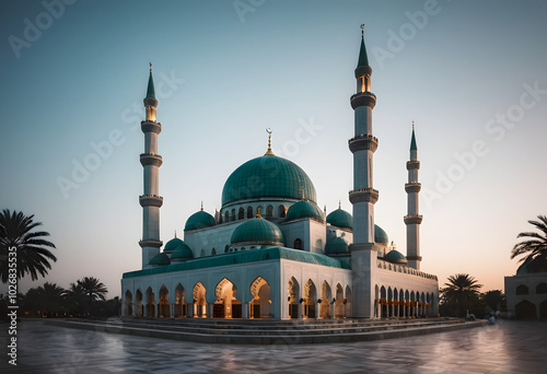 Majestic mosque with green domes and tall minarets at sunset photo