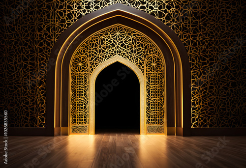 Ornate golden archway with intricate patterns and wooden floor
