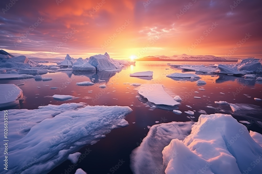 Beautiful sunset over icy landscape with floating icebergs and colorful sky