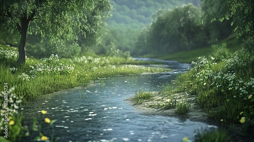Serene Nature Landscape with Flowing Stream and Greenery