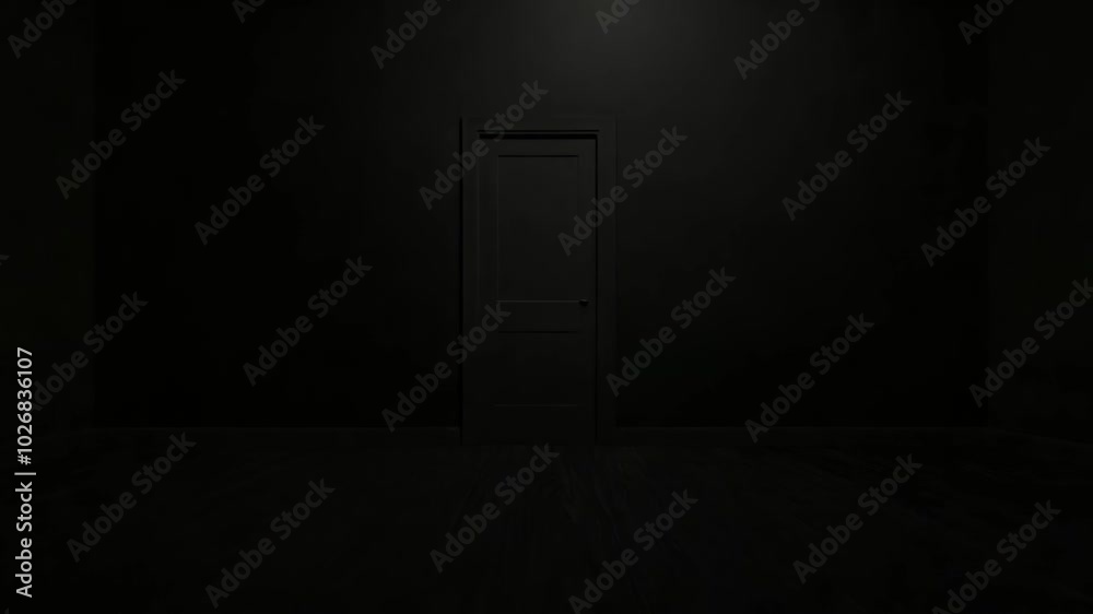Closed interior black door opening to white space, Doorway open transition opens to outside on solid dark backdrop Closed interior black door opening to white space, Doorway open transition opens to outside on solid dark backdrop