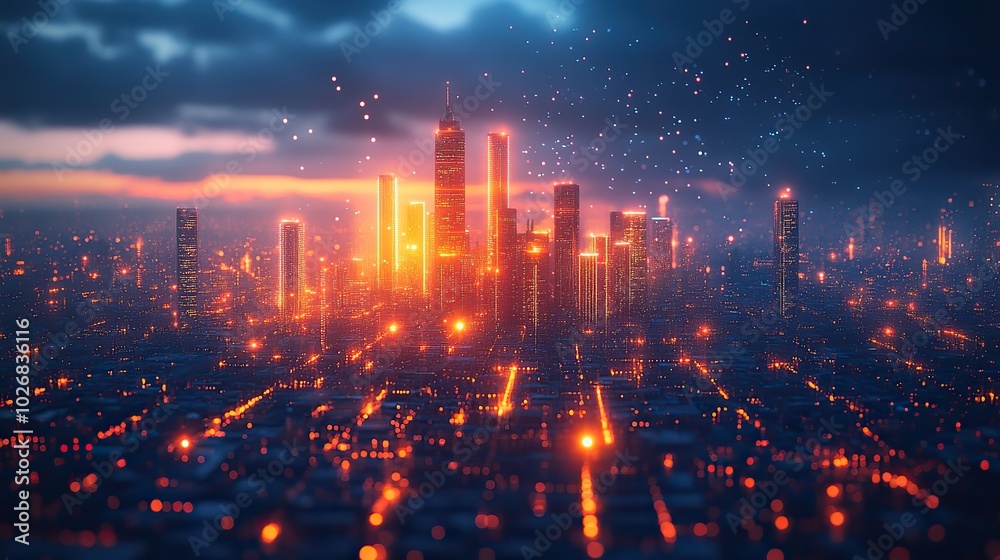 A futuristic smart city concept with abstract bright lights against a blue backdrop, highlighting innovative urban architecture. A futuristic smart city concept with abstract bright lights against a blue backdrop, highlighting innovative urban architecture.