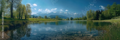 Visit Great Spring in Switzerland where vibrant greenery meets clear waters, creating a tranquil atmosphere in the heart of nature. Generative AI