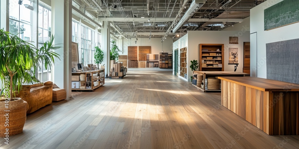 Fototapeta premium Green Building Materials Showroom with Sustainable Products like Bamboo Flooring and Recycled Glass Countertops