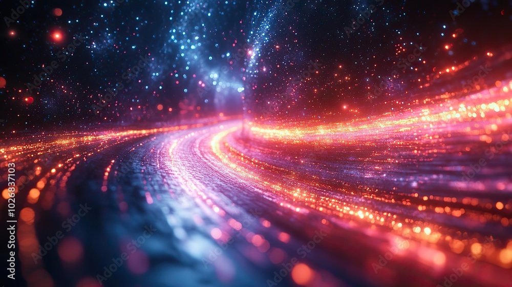 Obraz premium A galaxy-themed background with space and technology elements, highlighted by motion light trails and abstract visuals.
