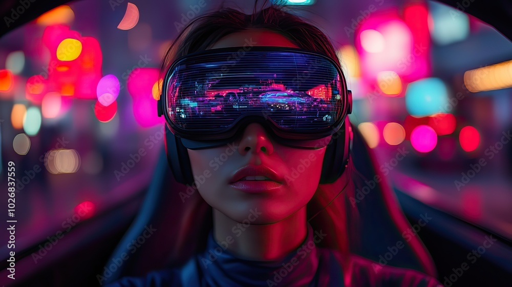 A generative AI image showing the interior of a futuristic car with a woman wearing a VR headset, depicting advanced driving technology. A generative AI image showing the interior of a futuristic car with a woman wearing a VR headset, depicting advanced driving technology.