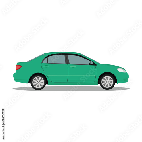 Vector illustration of single sedan in cartoon flat style. Compact sedan land vehicle in colorful with shadow. Modern technology of transportation. Luxury car in side view. Gasoline and electric car